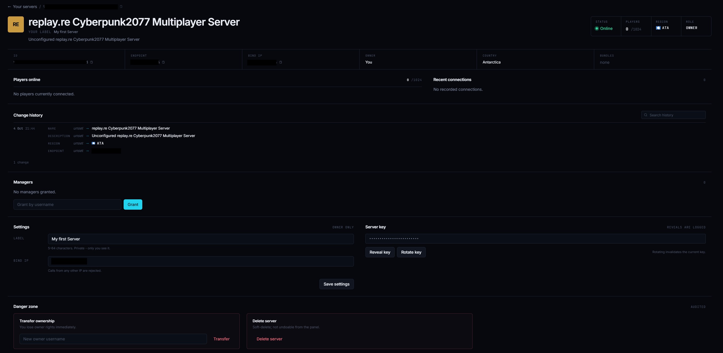 unconfigured server in the panel