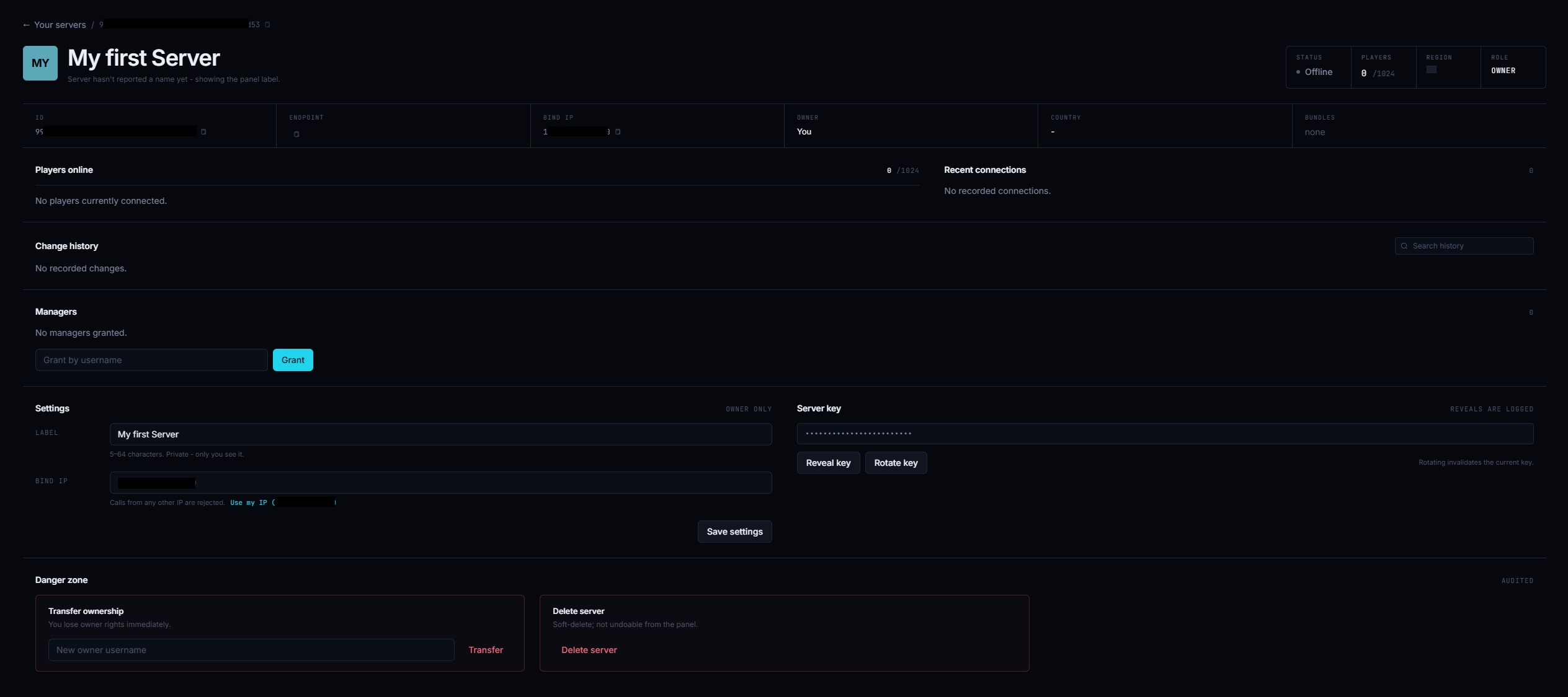unconfigured server in the panel